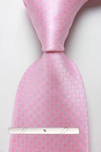 New Classic Checks Plaids Pink JACQUARD WOVEN 100% Silk Men's Necktie Tie - Picture 1 of 6