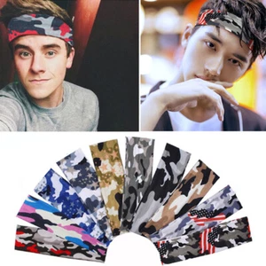 Unisex Camouflage Cotton Sweatband Elastic Hair Bands Sports Yoga Wide Headban ❀ - Picture 1 of 21