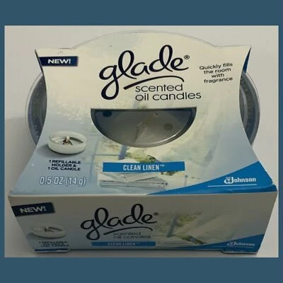 Candelabro de vidrio de aceite perfumado Glade con puntos azules y 1 vela (lino limpio)——¡NUEVO EN CAJA! Foto 1 de 4