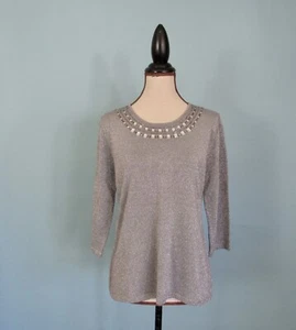 Size: PM JM COLLECTION Gray Sweater Metallic Textured Jewelled Collar 3/4 Length - Picture 1 of 11