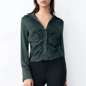 Zara Satin Pleated Button Up V-Neck Blouse Top Contemporary Minimalist Small - Picture 1 of 8