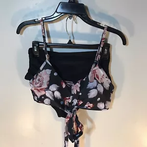 Unbranded Floral/Black Top & Solid High Waisted Bottoms Bikini Set Womens Size M - Picture 1 of 5