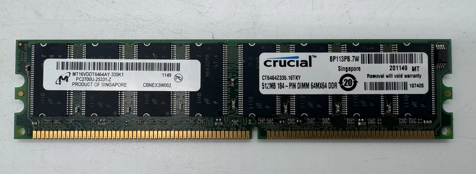 Memory, mt16vddt6464ay-335k1 pc2700u-25331-z, 512mb, ddr, 333,ct6464z335.16tky  - Image 1 of 1
