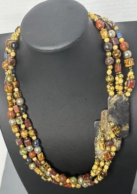 multi strand Beaded necklace Earth Tone Gemstone Artisan Statement Fall Jewels - Image 1 of 4