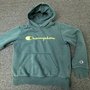 Champion Hoodie Youth Medium Green Yellow Spell Out Logo Sweatshirt Long Sleeve - Picture 1 of 9