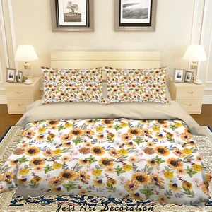 3D Sunflower Bee Pattern Quilt Cover Set Duvet Cover Bedding Pillowcases - Picture 1 of 6