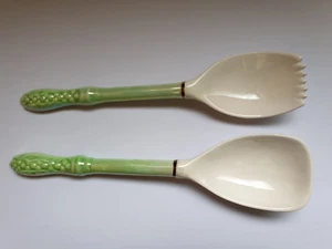 SERVIDORES DE ENSALADAS DE CERÁMICA VERDE Y CREMA LUSTRE VINTAGE - Imagen 1 de 5