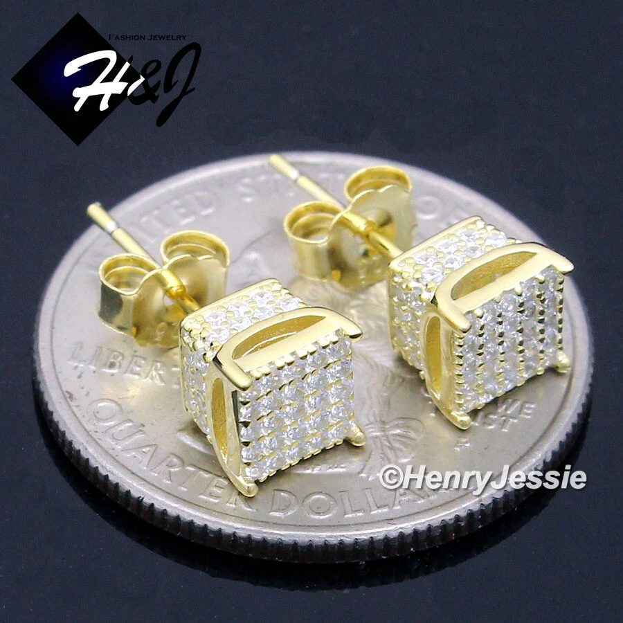 925 STERLING SILVER ICY BLING CZ GOLD PLATED/SILVER 6MM SQUARE STUD EARRING*E266 - Image 1 of 1
