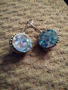 Vtg Sterling Silver With Round Chip Blue Opal Masonic Dangle Earrings.Signed - Picture 1 of 11