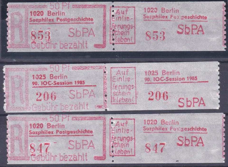 DDR Lot 3 Einschreibe-Gebührenzettel für SbPA Berlin Sozphilex & IOC, postfrisch - Bild 1 von 1