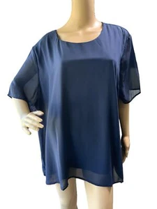 NWT Tamsy Navy Blue Sheer Fabric Loose Fit Round Neck Womens Blouse Size 3X - Picture 1 of 13
