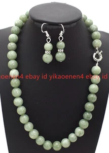 New Natural 8/10/12mm A Green Jade Gemstone Round Beads Necklace Earring Set - Picture 1 of 12