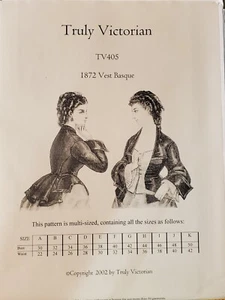 1872 Vest Basque Pattern Bust Sz 30-50-Waist 22-42 Truly Victorian #TV405 - Picture 1 of 5
