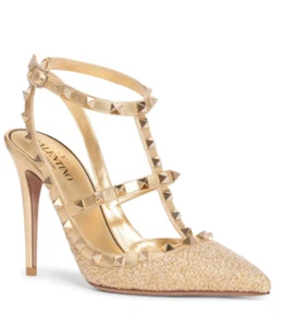 Valentino Garavani Rockstud Caged T-Strap Leather Pump 95mm Gold Oro 39 NEW - Picture 1 of 12
