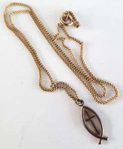 Vintage Ichthus Cross Fish Gold Tone Pendant Necklace 15" Spring Ring Clasp - Picture 1 of 6