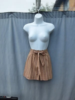 New Look Beige Brown Stripes Cotton Viscose Blend Paperbag Shorts UK 10 New - Image 1 of 4