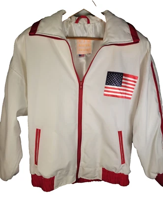 Chaqueta Bomber De Colección Bandera de Estados Unidos Satén Para Hombres MEDIANA GRANDE Diseño Kim Baker Blanca Foto 1 de 4