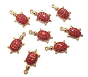 12 VINTAGE HAND PAINTED RED TURTLE TORTOISE GOLD PLATED PENDANT BEAD CHARMS 5289