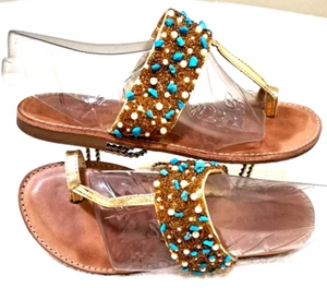 Antonio Melani Women Turquoise Beaded Flat Thong Sandals Gold Leather Size 9.5 M - Picture 1 of 9