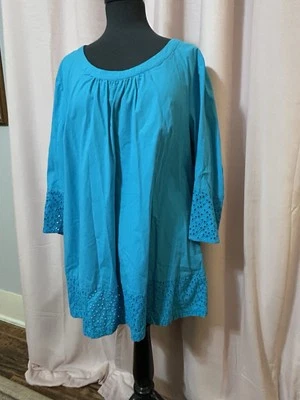 Liz Claiborne Mujer’s 2X Túnica Algodón Ojales Encaje Mangas 3/4 Fluido Turquesa Foto 1 de 4