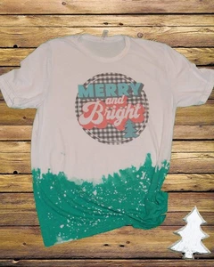 Merry & Bright Christmas Bleached Dye Canvas Girlie T Shirt - Picture 1 of 1