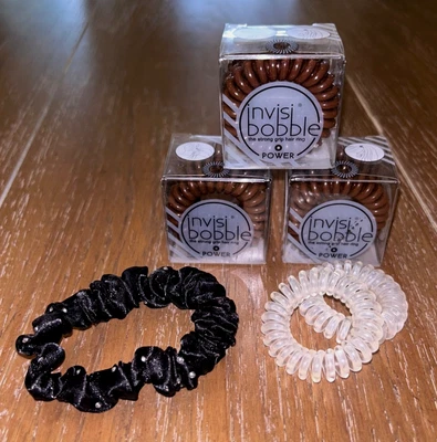 Invisibobble POWER Hair Rings  9 Brown, 2 Clear, 1 Black Satin w/Rhinestones NEW - Image 1 of 3