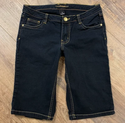 Bermudas Jean Y2K Southpole BORDADAS COBRE Y ORO 9 tiro bajo lavado oscuro Foto 1 de 4