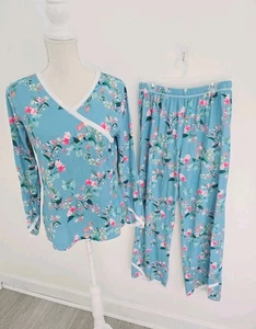 Garnet Hill Asian Wrap Organic Cotton Floral Blue Lounge 2 Piece Pyjama Set S - Bild 1 von 9