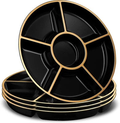 Paquete de 2 bandejas/platos de plástico redondos seccionales negros y dorados Foto 1 de 4