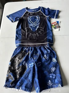 EUC Marvel Black Panther Boys S Small 5/6 ~ Black & Blue Rash Guard & Swim Trunk - Picture 1 of 8