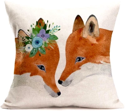 Pair 18x18 Linen Pillow Covers ~Kissing  Red Foxes , Fox / Animal Couple Nursery - Image 1 of 2