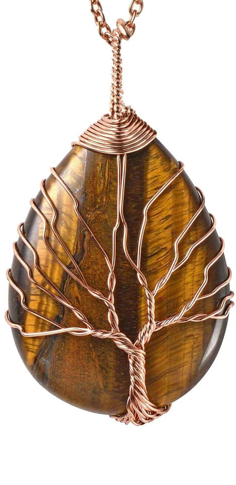 Colgante collar árbol de la vida de cobre envuelto en alambre lágrima cristal piedras preciosas Foto 1 de 1