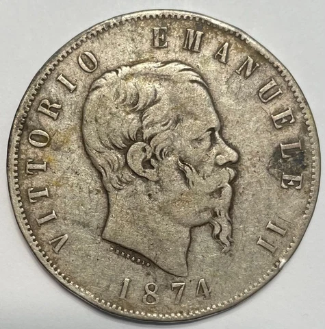 1874 5 Lire Italy Silver Coin King Vittorio Emanuele II Large Coin .900 KM# 8.3 Cover
