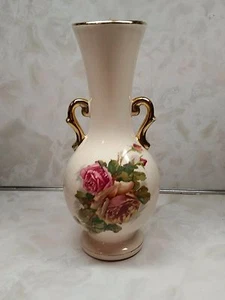 Mid Century Krakeroy Keramikk Floral Vase Made in Norway Rosen Goldrand KK 139 - Bild 1 von 10