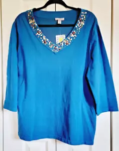 Investments II 1X Pullover Sweater 3/4 Sleeves V-Neck Teal Stretch Beaded NWT - Picture 1 of 7