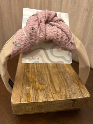 Cottagecore Handmade Neutral Headband with Pink Floral Knot - Image 1 of 3