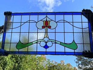 Large Reclaimed Leaded Light Stained Glass Art Nouveau Deco Window 58cm x 117cm - Picture 1 of 5