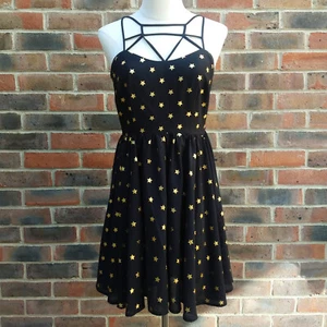 UK10 Black Chiffon Metallic Gold Star Skater Dress Cut-Out Whimsical Witchy Xmas - Picture 1 of 10