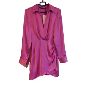 ZARA Satin Mini Dress Pink Size S 8/10 Ruched Side Cocktail BNWT RRP £32.00 - Picture 1 of 12