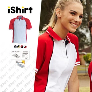 LADIES POLO SHIRT POLY COTTON SIDE PANEL WITH STRIPED SHORT SLEEVE POLO TOPS - Picture 1 of 7