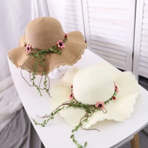 Wide Brim Flower Lafite Straw Hat Sunscreen Summer Beach Hat Ladies/Girls - Picture 1 of 17