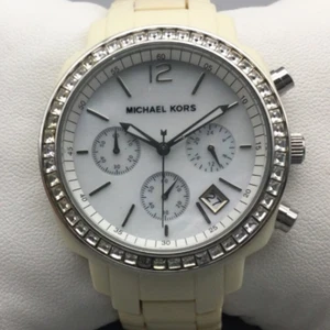 Michael Kors Watch Women 40mm White Chronograph MOP MK-5079 New Battery 6" - Picture 1 of 14