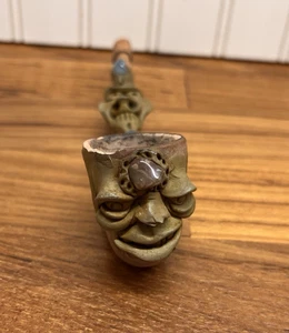 Vintage Hand Carved Wood & Clay Pipe Troll Face Mask Stone Inlay Folk Art Decor - Picture 1 of 10