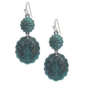 Patina Green Dangle Earrings Vintage-Look Oxidized Tarnished Finish 2” - Picture 1 of 2