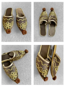 Brown Babouche Henna Shoes with PomPoms - EU37 Costume Bachelorette Parties - Picture 1 of 5