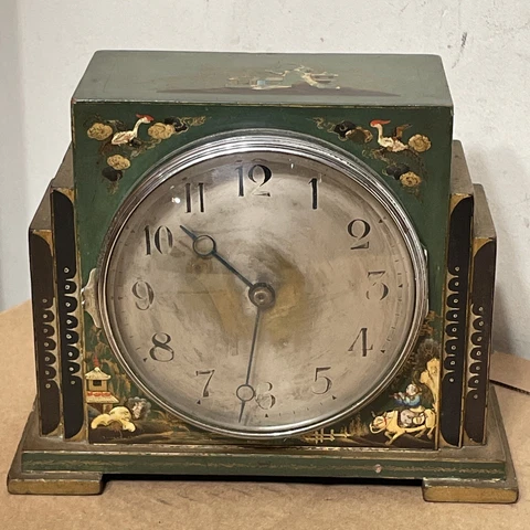Antique French Art Deco Mantle Clock With A Japanned Or Chinoiserie Finish Cover