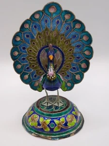 Vintage India Colorful Enamel Statue Figurine Of A Peacock 5.5" "B.H.I Silver" - Picture 1 of 12