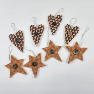 Christmas Ornaments Hearts Stars Set of 8 Hand Quilted Fabric Primitive Country - Picture 1 of 9