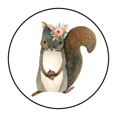 HOMEMADE 30 1.5" WOODLAND ANIMAL GIRL SQUIRREL BABY SHOWER FAVOR LABELS ROUND STICKERS