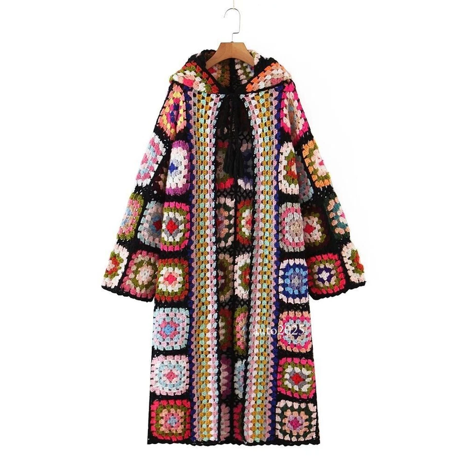 Womens Crochet Granny Square Handmade Cardigan Knit Long Rainbow Hooded Cardigan - Image 1 of 4